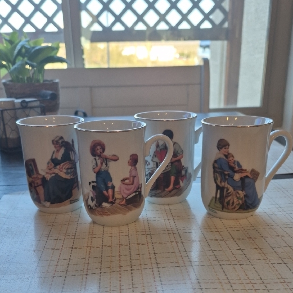 Set of Four Norman Rockwell Vintage Illustrated Mugs